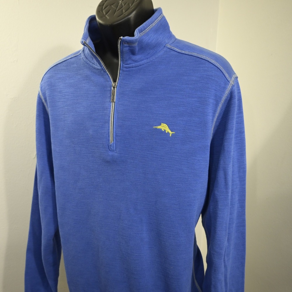 Tommy Bahama Quarter Zip Pullover Mens L Blue Pima Cotton Tencel Slub Knit Logo